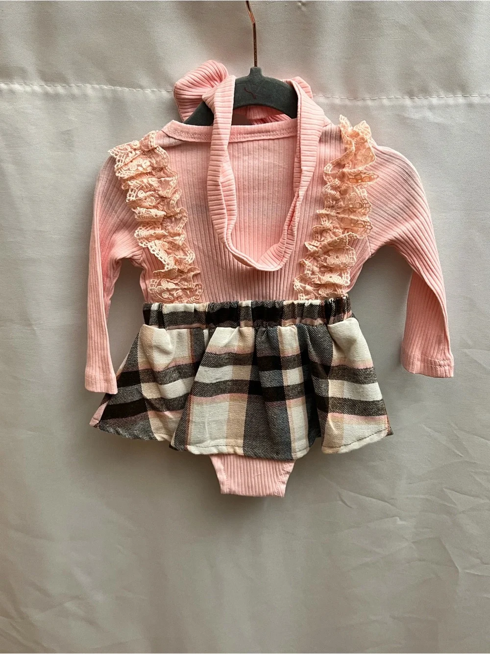 Baby Girl Pink Plaid Lace Ruffle Skirted Romper With Headband 6-9M